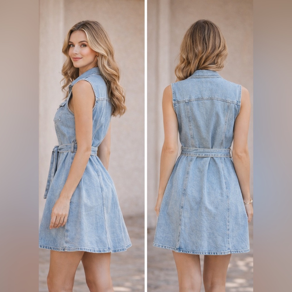 ZARA Denim Sleeveless Shirt Dress Belted Light Wash Button Front Women’s M NWT - Picture 2 of 5